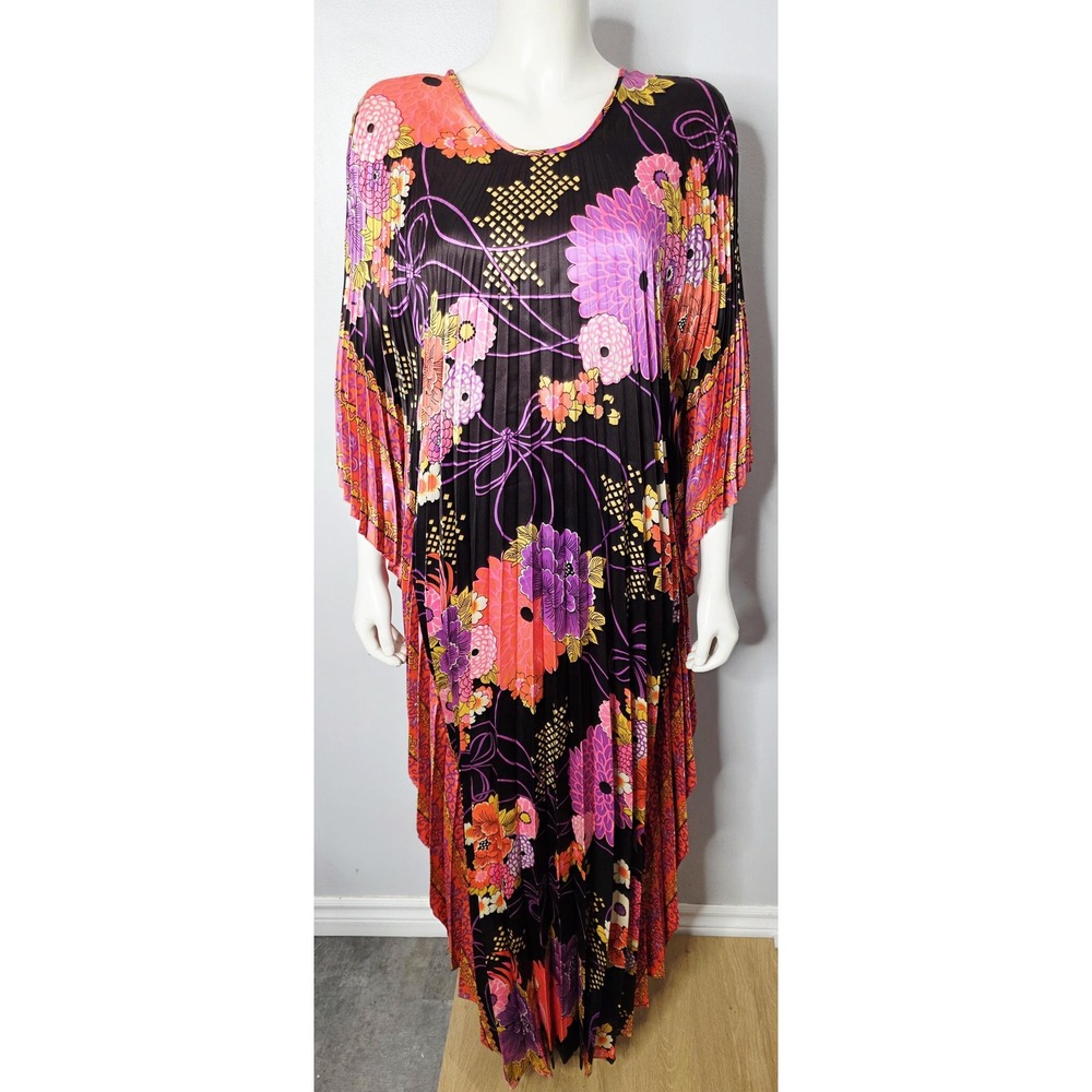 Vintage Psychedelic Hawaiian Accordion Pleated Maxi Kaftan Dress, One Size
